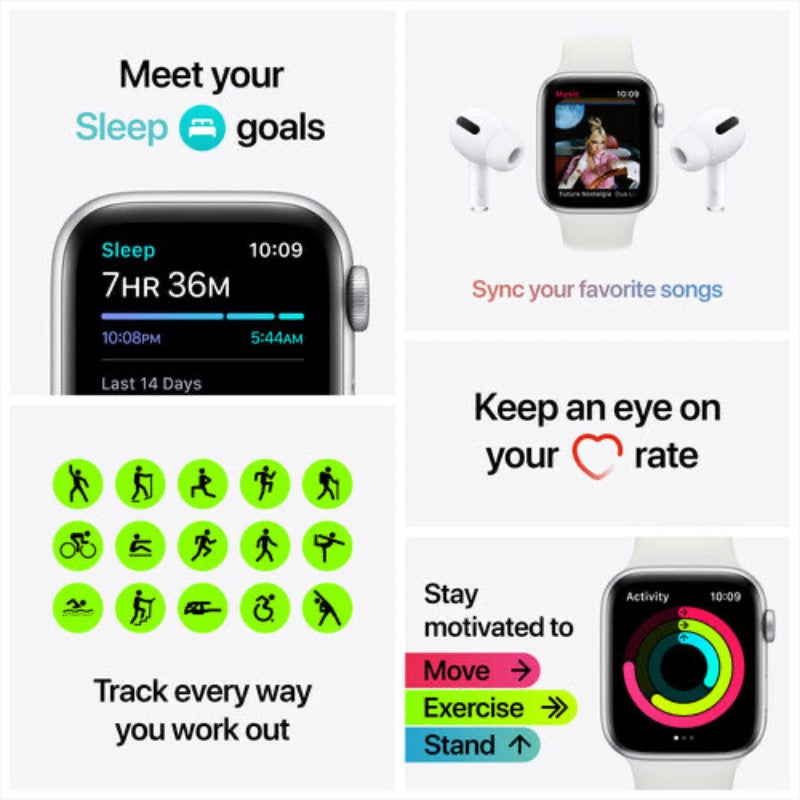 Apple Watch SE (GPS, 40mm, Silver Aluminum, White Sport Band)